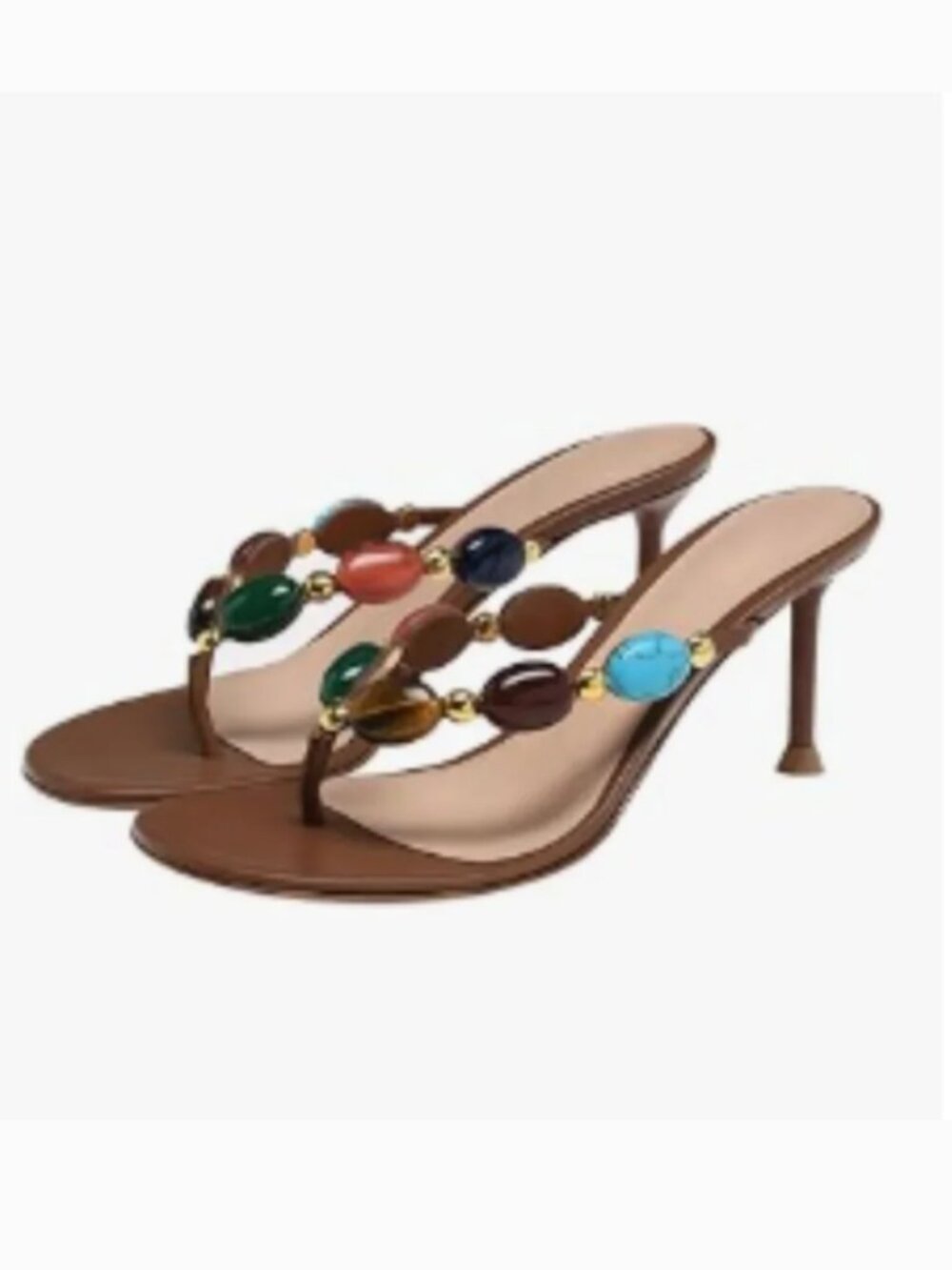 miss left Brown Jewelled Open Toe Flip Flop Thin High Heel Slip on Thong Sandals